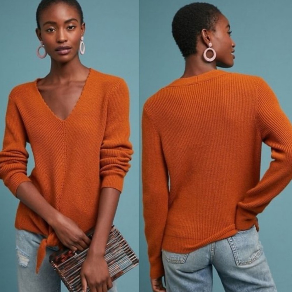 Anthropologie Boho Ribbed Knit Sweater V-Neck Burnt Orange Size Medium Freeport